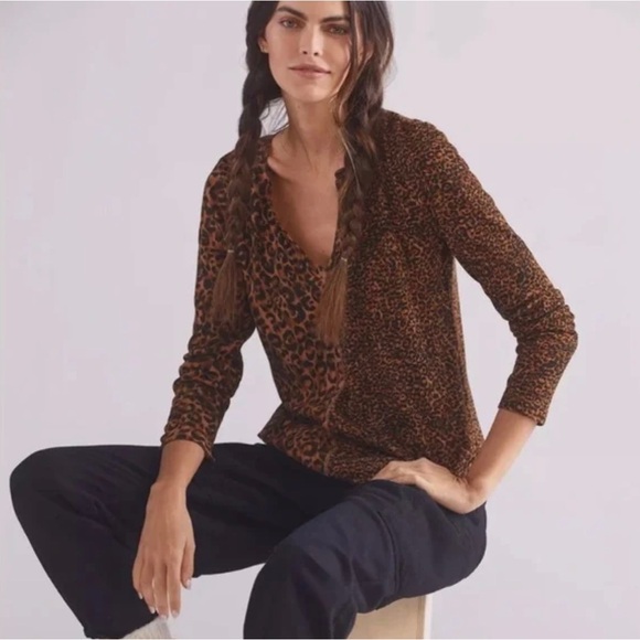 Anthropologie Pilcro Leopard Print Top Women XL Thermal Knit Split Neck Brown - Picture 2 of 13
